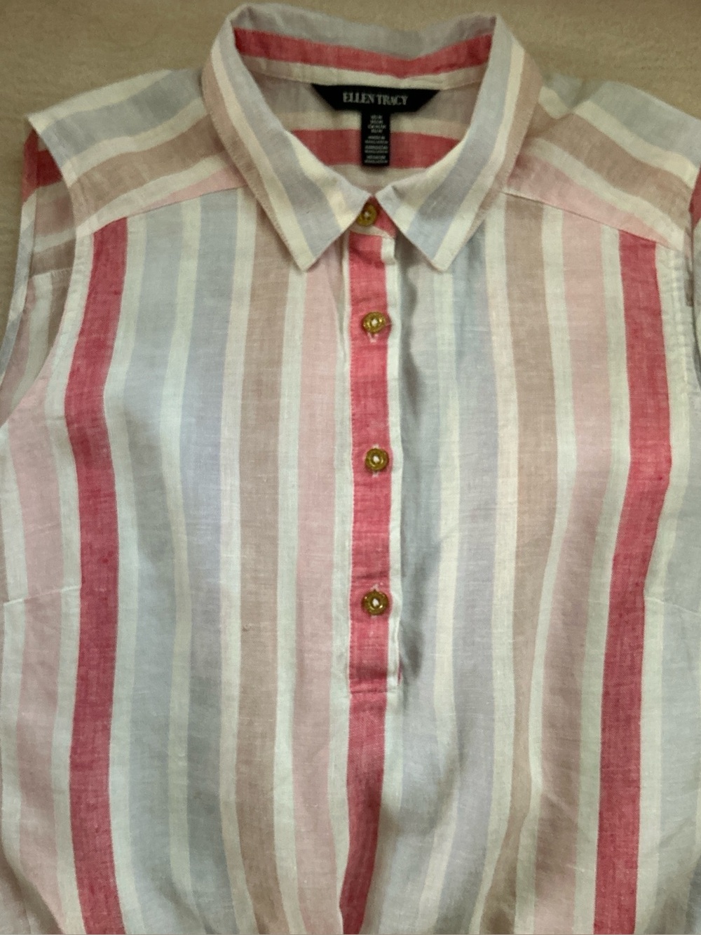 Ellen Tracy Striped Sleeveless Button-down Linen Shirt in Pink White Blue SZ M